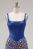 Dark Blue Bodycon Corset Cocktail Dress with Mirror