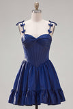 Navy Corset A-Line Spaghetti Straps Cocktail Dress with Ruffles