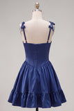 Navy Corset A-Line Spaghetti Straps Cocktail Dress with Ruffles
