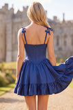 Navy Corset A-Line Spaghetti Straps Cocktail Dress with Ruffles