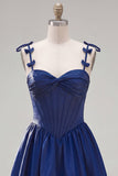 Navy Corset A-Line Spaghetti Straps Cocktail Dress with Ruffles