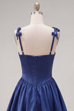Navy Corset A-Line Spaghetti Straps Cocktail Dress with Ruffles