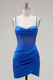 Royal Blue Bodycon Sheer Corset Mini Ruched Cocktail Dress