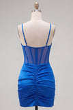 Royal Blue Bodycon Sheer Corset Mini Ruched Cocktail Dress