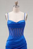 Royal Blue Bodycon Sheer Corset Mini Ruched Cocktail Dress