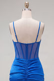 Royal Blue Bodycon Sheer Corset Mini Ruched Cocktail Dress