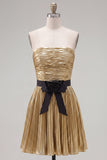 Metallic Golden Strapless A-Line Pleated Cocktail Dress with Bow
