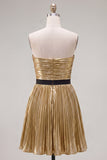 Metallic Golden Strapless A-Line Pleated Cocktail Dress with Bow
