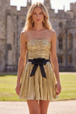 Metallic Golden Strapless A-Line Pleated Cocktail Dress with Bow