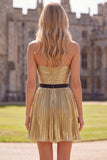 Metallic Golden Strapless A-Line Pleated Cocktail Dress with Bow
