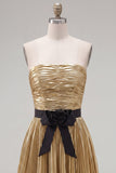 Metallic Golden Strapless A-Line Pleated Cocktail Dress with Bow