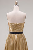 Metallic Golden Strapless A-Line Pleated Cocktail Dress with Bow