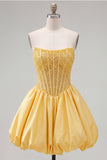 Yellow Strapless A-Line Corset Lace Up Back Graduation Dress with Beading