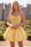 Yellow Strapless A-Line Corset Lace Up Back Graduation Dress with Beading