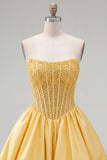 Yellow Strapless A-Line Corset Lace Up Back Graduation Dress with Beading