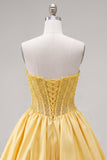 Yellow Strapless A-Line Corset Lace Up Back Graduation Dress with Beading