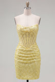 Sparkly Yellow Bodycon Strapless Corset Party Dress with Sequins