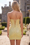 Sparkly Yellow Bodycon Strapless Corset Party Dress with Sequins