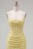 Sparkly Yellow Bodycon Strapless Corset Party Dress with Sequins