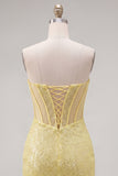 Sparkly Yellow Bodycon Strapless Corset Party Dress with Sequins