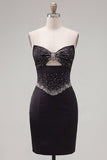 Black Strapless Beaded Bodycon Corset Short Cocktail Dress with Keyhole