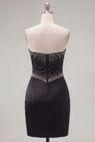 Black Strapless Beaded Bodycon Corset Short Cocktail Dress with Keyhole