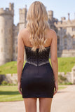 Black Strapless Beaded Bodycon Corset Short Cocktail Dress with Keyhole
