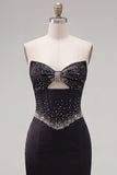 Black Strapless Beaded Bodycon Corset Short Cocktail Dress with Keyhole