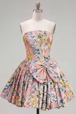 A-Line Grey Corset Floral Strapless Jacquard Cocktail Dress with Bow