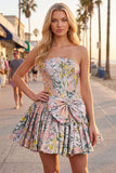 A-Line Grey Corset Floral Strapless Jacquard Cocktail Dress with Bow