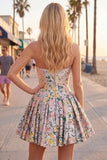 A-Line Grey Corset Floral Strapless Jacquard Cocktail Dress with Bow