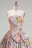 A-Line Grey Corset Floral Strapless Jacquard Cocktail Dress with Bow