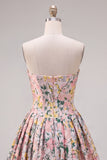 A-Line Grey Corset Floral Strapless Jacquard Cocktail Dress with Bow