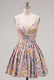 A-Line Grey Floral Spaghetti Straps Backless Short Cocktail Dress