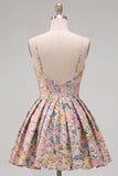 A-Line Grey Floral Spaghetti Straps Backless Short Cocktail Dress