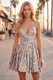 A-Line Grey Floral Spaghetti Straps Backless Short Cocktail Dress