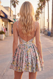 A-Line Grey Floral Spaghetti Straps Backless Short Cocktail Dress