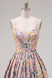 A-Line Grey Floral Spaghetti Straps Backless Short Cocktail Dress