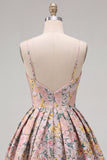 A-Line Grey Floral Spaghetti Straps Backless Short Cocktail Dress