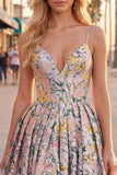 A-Line Grey Floral Spaghetti Straps Backless Short Cocktail Dress