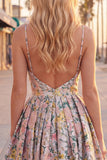 A-Line Grey Floral Spaghetti Straps Backless Short Cocktail Dress
