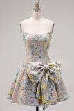 Strapless A-Line Grey Floral Jacquard Short Cocktail Dress with Bow