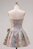 Strapless A-Line Grey Floral Jacquard Short Cocktail Dress with Bow