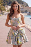 Strapless A-Line Grey Floral Jacquard Short Cocktail Dress with Bow