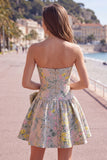 Strapless A-Line Grey Floral Jacquard Short Cocktail Dress with Bow