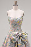 Strapless A-Line Grey Floral Jacquard Short Cocktail Dress with Bow