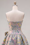 Strapless A-Line Grey Floral Jacquard Short Cocktail Dress with Bow