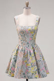 Grey Square Neck A-Line Floral Corset Jacquard Cocktail Dress