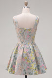 Grey Square Neck A-Line Floral Corset Jacquard Cocktail Dress