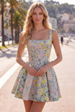 Grey Square Neck A-Line Floral Corset Jacquard Cocktail Dress
